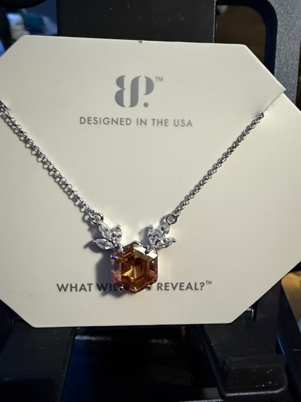 BP Hexagon smokey topaz CZ Pendant Necklace. Sterling Silver chain
